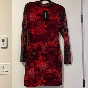 Red high neck mesh bodycon mini dress